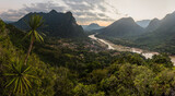 Fototapeta Do pokoju - Evening aerial view of Muang Ngoi Neua village and Nam Ou river from Phanoi viewpoint, Laos