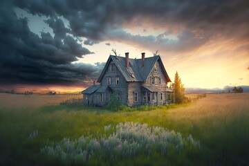 Canvas Print - Wooden farmhouse abandoned house standing alone in middle of field, created with generative ai