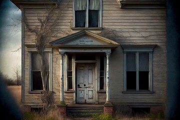 Poster - Rickety dilapidated porch of abandoned house of peeling wooden planks, created with generative ai