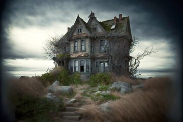 Canvas Print - Secluded gloomy abandoned house with walls overgrown with vines, created with generative ai