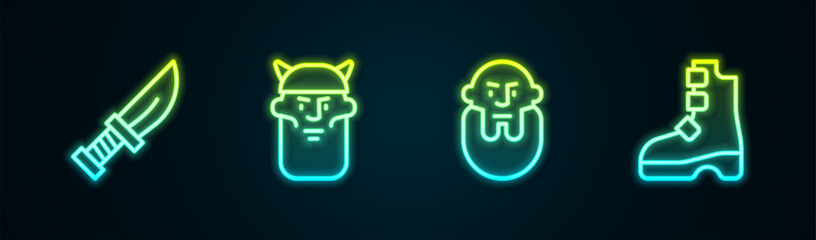 Wall Mural - Set line Dagger, Viking head, and Ancient viking boots. Glowing neon icon. Vector