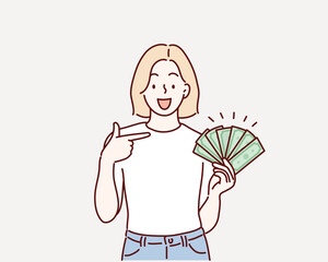 Wall Mural - lucky girl hold lot of money, pointing at dollar bills in hand and smiling excitedly. Hand drawn style vector design illustrations.