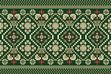 Floral Cross Stitch Embroidery On Green Background.geometric Ethnic Oriental Pattern Traditional.Aztec Style Abstract Vector Illustration.design For Texture,fabric,clothing,wrapping,decoration,scarf.