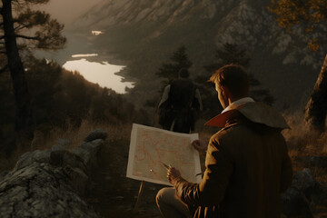 top down shot, one young man in his thirties looking at a map, over shoulder view, long sleeves and long pants, setting is croatian mountain in 1990s, spring, sunset time of day, painting style by Jak