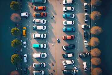 Canvas Print - Rowed vehicles in urban conditions, aerial view car parking, created with generative ai