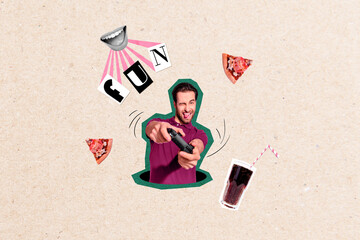 Creative template collage of young crazy guy playing video game with pizza slice cola drink fun entertainment occasion concept