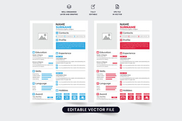 Professional job application and CV attachment template vector with photo placeholders. Corporate resume and CV layout design with red and blue colors. Minimal office resume template for employees.