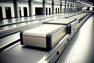 Poster - Large cargo and suitcases on conveyor in waiting room in airport baggage claim area, created with generative ai