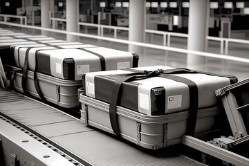 Canvas Print - Large cargo and suitcases on conveyor in waiting room in airport baggage claim area, created with generative ai