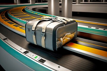 Poster - Large suitcases for journey rides along conveyor belt in airport baggage claim area, created with generative ai