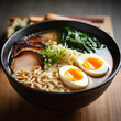 Ramen. Japanese ramen noodle soup in black bowl