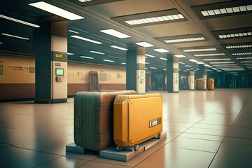 Canvas Print - Made up suitcases and travel bags in airport baggage claim area, created with generative ai