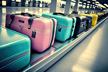 Poster - Conveyor belt with bright suitcases for traveling in airport baggage claim area, created with generative ai