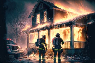 Poster - Firefighters with hoses extinguish fire in two-story burning house, created with generative ai