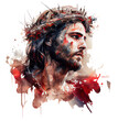 Watercolor drawing Jesus Christ. Dark and red colors. Savior for people. Colorful splash with dots, lines and textures isolated transparent png. Generative AI