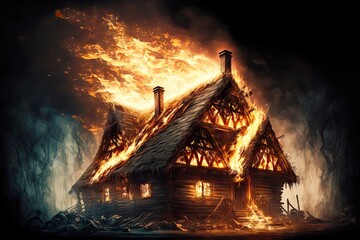 Poster - Disaster in form of arson and fire in wooden burning house, created with generative ai