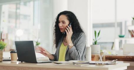 Poster - Phone call, laptop and woman in startup business communication, happy networking and online feedback or news. Biracial person talking on her cellphone, computer and planning client or company website