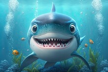 Cute Cartoon Shark Character Underwater In The Ocean (Generative AI)
