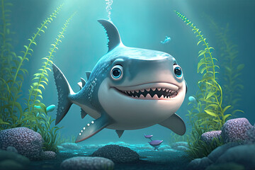 Canvas Print - Cute Cartoon Shark Character Underwater in the Ocean (Generative AI)