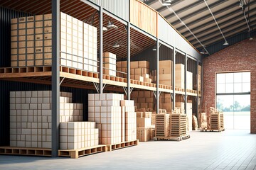 Sticker - Wooden warehouse with racks and pallets for storage and transportation of valuable goods, created with generative ai