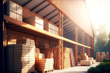 Sticker - Wooden warehouse with racks and pallets for storage and transportation of valuable goods, created with generative ai