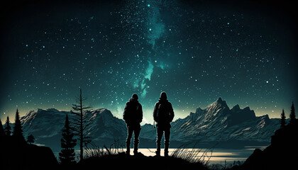 Two Hikers Watching the Starry Sky. Generative Ai.