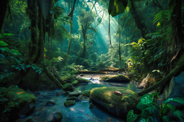 The lush jungle and waterfalls of Costa Rica provide a lush and tropical summer travel background, with bright green foliage and clear freshwater pools