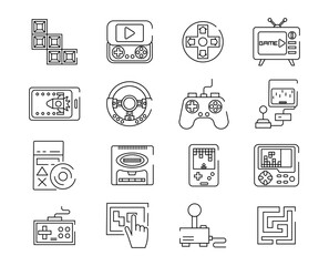 Wall Mural - Retro game icons set. Collection of graphic elements for website. Joystick, TV set top box, steering wheel with buttons, gamepad. Cartoon flat vector illustrations isolated on white background