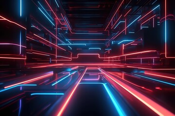 3d render, neon abstract background, red blue glowing lines, rectangular shapes in perspective, ultraviolet light, laser rays