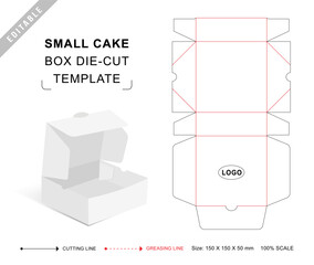 Small cake box die cut template with 3D blank vector mockup for food packaging