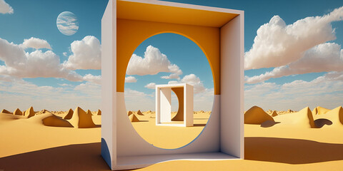 3d render, Surreal desert landscape with white clouds going into the yellow square portals on sunny day. Modern minimal abstract background. Generative Ai