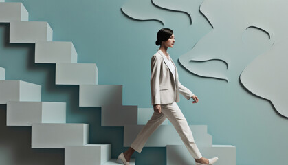 Abstract business woman walking up a staircase female leadership. Generative ai