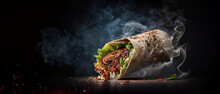 Fresh Grilled Donner Or Shawarma Beef Wrap Roll Hot Ready To Serve And Eat As Wide Banner With Copyspace Area - Generative AI