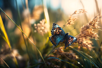 Wall Mural - A field of tall grasses gently swaying in the wind, with the occasional butterfly flitting from one blade to the next