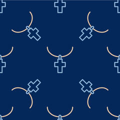 Wall Mural - Line Christian cross on chain icon isolated seamless pattern on blue background. Church cross. Vector