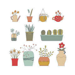 Wall Mural - Set of different hand drawn house plants. Flowers in pots painted. Flower for your design template, icon. Hand-drawn. Flat design. Vector illustration.