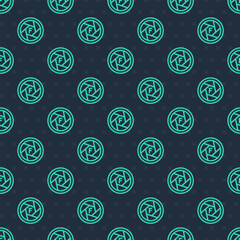 Poster - Green line Camera shutter icon isolated seamless pattern on blue background. Vector