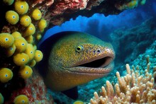 Predatory Moray Eels In Clear Turquoise Water On Ocean Floor, Created With Generative Ai
