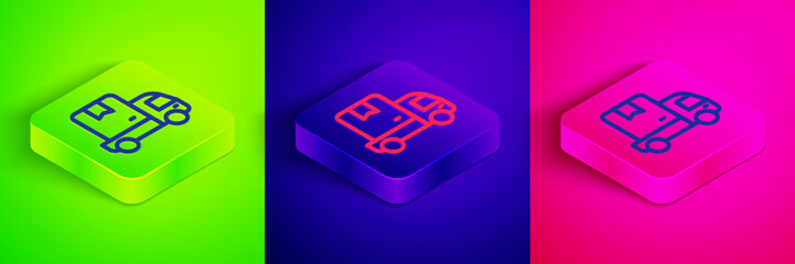 Canvas Print - Isometric line Delivery cargo truck vehicle icon isolated on green, blue and pink background. Square button. Vector