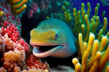 Wall Mural - Moray eel with open mouth floats between corals on rocky bottom, created with generative ai