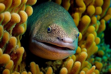 Wall Mural - Large predatory moray eel floats on bottom of sea among corals, created with generative ai