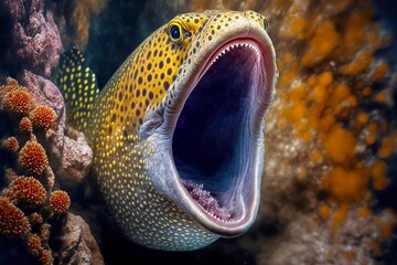 Wall Mural - Dangerous predatory moray eel preys on ocean floor with its mouth wide open, created with generative ai