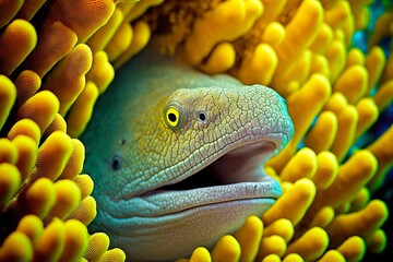 Sticker - Moray eel with bright yellow eyes peeking out from coral reefs, created with generative ai