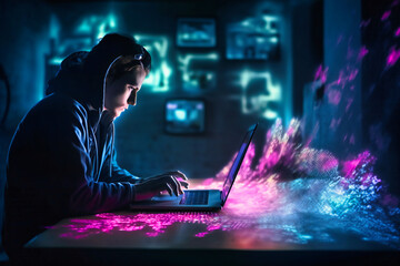 Programmer coding on tablet with laptop beside