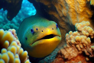 Wall Mural - Moray eel with bright yellow skin hides in hidden cave among corals, created with generative ai