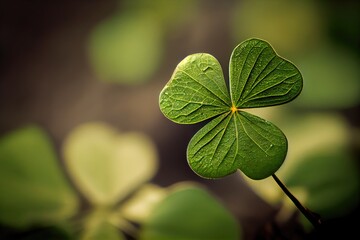 Wall Mural - single leaf with four-leaf green clover on blurred background, created with generative ai