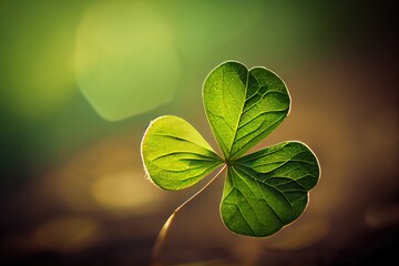 Poster - single leaf with four-leaf green clover on blurred background, created with generative ai