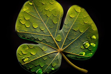 Poster - leaf made of green plastic with yellow four-leaf green clover, created with generative ai