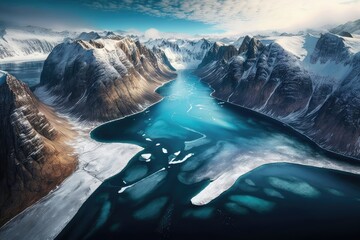 Sticker - aerial shot of a frozen fiord surrounded by majestic mountains and cliffs., created with generative ai