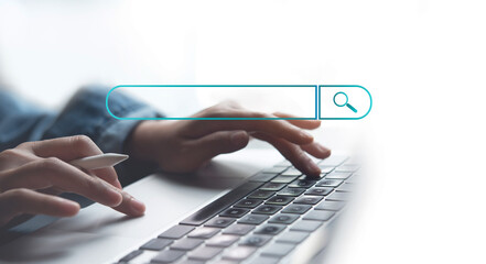 Wall Mural - data search technology search engine optimization (seo). woman's hands typing on computer keyboard s